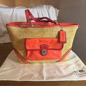 COACH NATURAL STRAW TURNLOCK TOTE TANGERINE LEATHER  Beach|Coastal With Dust Bag